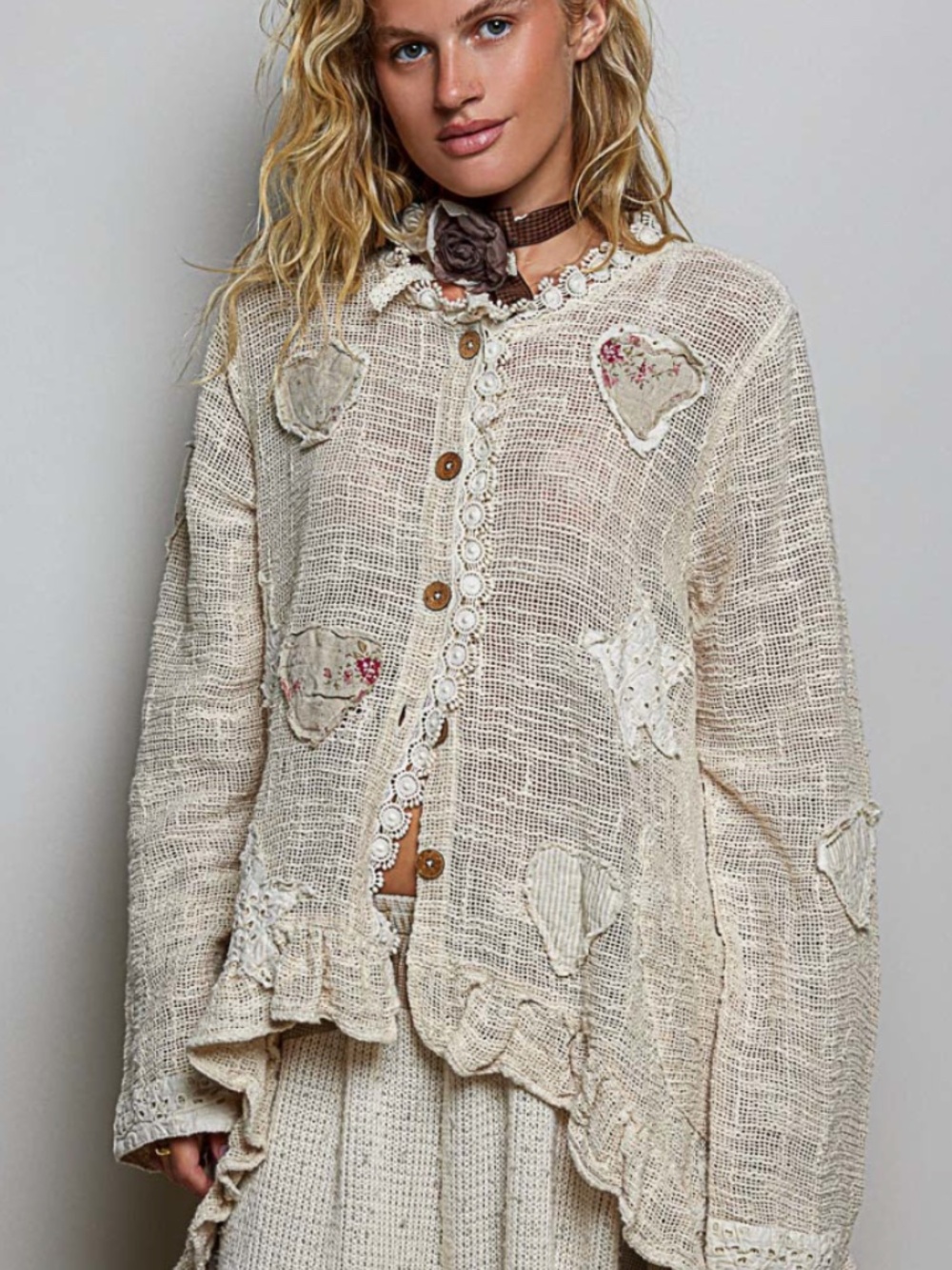 #1012 POL Textured Floral Appliqué Cardigan in Wheat - Picture 2 of 6